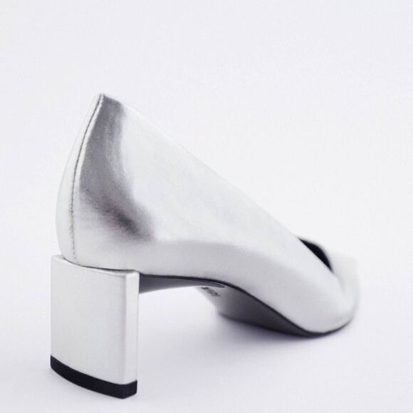 ZARA METALLIC HIGH-HEELED POINTED TOE SHOES V shaped Silver NWT - Picture 5 of 8